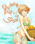  bikini_top flower food fruit hair_flower hair_ornament haruki_(planetarium) heart heart_of_string hibiscus one_eye_closed orange persona persona_4 satonaka_chie shochuumimai short_hair shorts smile solo swimsuit 