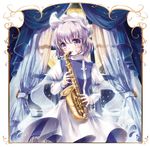  commentary_request curtains full_moon hat highres instrument lavender_hair letty_whiterock miyase_mahiro moon purple_eyes saxophone short_hair solo touhou window 