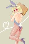  animal_ears ass blonde_hair bunny_ears bunnysuit fishnet_pantyhose fishnets highres holding holding_sign looking_back original pantyhose placard red_eyes short_hair sign siori solo v 
