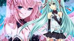  aqua_eyes aqua_hair breasts cleavage elbow_gloves garters gloves hair_ribbon hatsune_miku highres long_hair medium_breasts megurine_luka multiple_girls necktie pink_hair ribbon skirt thighhighs twintails very_long_hair vocaloid yayoi_(egoistic_realism) zettai_ryouiki 