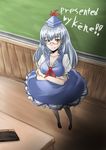  bad_id bad_pixiv_id banshi_ryuu blue_eyes blue_hair breasts chalk chalkboard dress glasses hat highres kamishirasawa_keine large_breasts long_hair pantyhose smile solo tokin_hat touhou 