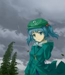  bad_id bad_pixiv_id blue_eyes blue_hair cloud dark_clouds hair_bobbles hair_ornament hat highres hood hooded_jacket jacket kawashiro_nitori key rain raincoat short_hair sky smile solo touhou tree tucana twintails two_side_up wind 