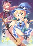  blonde_hair blue_eyes broom cat cleavage_cutout dekosuke dress hat heart heart_cutout multiple_girls original wavy_mouth witch witch_hat 