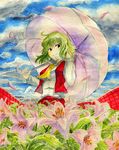  adjusting_hair ascot cloud flower from_below green_hair highres kazami_yuuka long_skirt mononofu7 parasol petals plaid plaid_skirt plaid_vest red_eyes short_hair skirt skirt_set sky smile solo touhou traditional_media umbrella vest watercolor_(medium) wind 