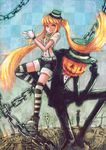  alternate_costume alternate_hair_color blackball blonde_hair chain halloween hatsune_miku highres jack-o'-lantern long_hair mrs.pumpkin_no_kokkei_na_yume_(vocaloid) pumpkin solo striped striped_legwear thighhighs twintails very_long_hair vocaloid 