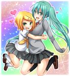  aqua_eyes aqua_hair ayase blush fang green_eyes hair_ornament hairclip hatsune_miku hug kagamine_rin kneehighs long_hair multiple_girls necktie open_mouth school_uniform serafuku short_hair skirt smile twintails vocaloid 