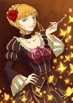  bad_id bad_pixiv_id beatrice blonde_hair blue_eyes bow breasts bug butterfly choker dress flower hair_flower hair_ornament hand_on_hip insect kiseru large_breasts pink_bow pipe red_flower red_rose rose seven_(11) solo umineko_no_naku_koro_ni 