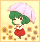  border chibi flower green_hair kazami_yuuka long_skirt lowres parasol plaid plaid_skirt plaid_vest red_eyes red_skirt rei_(tonbo0430) short_hair skirt skirt_set solid_circle_eyes solo sunflower touhou umbrella vest 