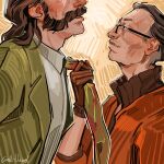  2boys absurdres arm_up black-framed_eyewear black_hair blush bomber_jacket brown_gloves brown_hair closed_mouth collared_shirt corellevairel cropped_head disco_elysium facial_hair glasses gloves green_jacket green_necktie harry_du_bois highres jacket kim_kitsuragi lapels light_smile looking_at_another male_focus mature_male multiple_boys mutton_chops necktie necktie_grab neckwear_grab open_clothes open_jacket orange_jacket profile shirt short_hair signature white_shirt yaoi 