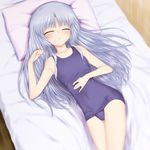  angel_beats! bed blue_hair blush kanna_asuke long_hair lying on_back one-piece_swimsuit open_mouth pillow school_swimsuit sleeping solo swimsuit tenshi_(angel_beats!) 
