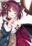  1girl :d atelier_(series) atelier_sophie_2 blue_coat blurry blurry_background breasts brown_eyes cisyo cleavage coat collared_coat commentary_request commission detached_collar dress fang flower hair_flower hair_ornament hand_up highres index_finger_raised jewelry large_breasts long_sleeves looking_at_viewer necklace open_clothes open_coat open_mouth paid_reward_available red_dress red_hair short_hair skeb_commission skin_fang smile solo sophie_neuenmuller 