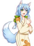  animal_ears blue_hair blush fang green_eyes japanese_clothes konshin open_mouth original solo tail twintails wolf_ears wolf_tail 