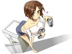  alcohol barefoot beer breasts heart highres large_breasts meiko passingpleasures perspective short_hair shorts solo vocaloid 