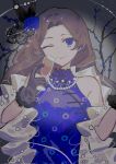  1girl akasasachii black_gloves blue_dress blue_eyes blue_flower blue_rose brown_hair china_dress chinese_clothes closed_mouth cup dress flower gloves hair_flower hair_ornament highres holding holding_cup limbus_company long_hair long_sleeves looking_at_viewer one_eye_closed parted_bangs project_moon rodion_(project_moon) rose sleeveless sleeveless_dress smile solo upper_body very_long_hair 