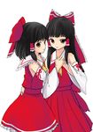  akai_ronii ascot bad_id bad_pixiv_id black_hair bow detached_sleeves hair_bow hakurei_reimu hands holding holding_hands long_hair multiple_girls short_hair time_paradox touhou 