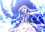  blue_hair giorgio_claes happy hat hinanawi_tenshi long_hair open_mouth outstretched_arms sky solo spread_arms touhou 