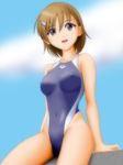  :d arena_(company) bangs breasts brown_hair cloud competition_swimsuit covered_nipples day grey_eyes hair_ornament hairclip highleg highleg_swimsuit highres medium_breasts misaka_mikoto one-piece_swimsuit open_mouth outdoors samejima_minoru short_hair sitting skin_tight sky smile solo swimsuit to_aru_kagaku_no_railgun to_aru_majutsu_no_index 