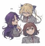 3girls artist_name black_ribbon blonde_hair blue_eyes blush brown_eyes brown_hair closed_mouth collared_shirt goshiki_agiri hair_ribbon highres index_finger_raised kill_me_baby komewatari long_hair long_sleeves looking_at_viewer multiple_girls necktie open_mouth oribe_yasuna purple_eyes purple_hair red_necktie ribbon shirt short_hair simple_background smile sonya_(kill_me_baby) translation_request twintails twitter_username white_background white_shirt 