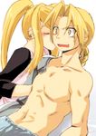  1girl blonde_hair blush collarbone earrings edward_elric embarrassed face fullmetal_alchemist hetero jewelry kiss long_hair suika_soda surprised winry_rockbell 