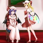  bat_wings blonde_hair blue_hair chain chair dress elbow_gloves flandre_scarlet gloves highres miki_purasu multiple_girls red_eyes remilia_scarlet siblings sisters slit_pupils teenage touhou wings 