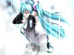  1girl aqua_eyes aqua_hair blue_hair detached_sleeves hands_on_head hatsune_miku headphones highres long_hair necktie open_clothes open_mouth open_shirt shirt skirt solo thigh-highs thighhighs twintails very_long_hair vocaloid white 