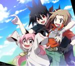  1girl 2boys age_difference alba_(senyuu) arm_on_another&#039;s_shoulder arm_up armor arms_up bandaged_hand bandaged_wrist bandages bandana belt black_gloves black_shirt blue_sky breastplate brown_belt child cloud day dress gloves grass green_pants hair_between_eyes height_difference leaning_on_person log_80000 long_hair mountainous_horizon multiple_boys open_collar open_mouth outdoors pants pointing puffy_short_sleeves puffy_sleeves red_bandana red_eyes red_shirt ross_(senyuu) ruki_(senyuu) sen&#039;yuu. shirt short_bangs short_hair short_sleeves sidelocks sky sleeves_past_wrists spiked_hair sweatdrop teeth v-shaped_eyebrows white_dress zipper_pull_tab 