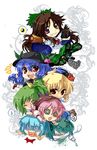  &gt;:) :d @_@ arm_cannon black_legwear black_sun blonde_hair blue_hair bow brown_hair cannon chibi cirno daiyousei dogpile dress dying_message esythqua everyone green_bow green_hair hair_bow hair_ribbon hat highres hinanawi_tenshi long_hair looking_at_viewer multiple_girls mystia_lorelei open_mouth outstretched_arms pink_hair red_eyes reiuji_utsuho ribbon rumia short_hair smile speech_bubble spread_arms sun team_9 thighhighs third_eye touhou translation_request v-shaped_eyebrows very_long_hair weapon wings wriggle_nightbug 