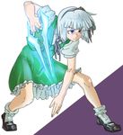  1girl alternate_weapon bad_id bad_pixiv_id blue_eyes energy_sword hairband halo_(game) highres konpaku_youmu parody short_hair silver_hair solo sword touhou weapon 