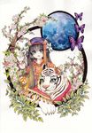  bug butterfly colored_pencil_(medium) dated flower hair_flower hair_ornament hat insect moon mosho original signature solo tiger traditional_media watercolor_(medium) white_tiger 