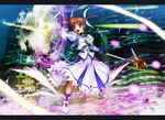  brown_hair electricity hair_ribbon lyrical_nanoha magic_circle mahou_shoujo_lyrical_nanoha mahou_shoujo_lyrical_nanoha_the_movie_1st mutsuki_(moonknives) open_mouth purple_eyes raising_heart ribbon solo takamachi_nanoha twintails 