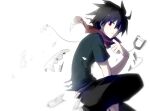  1boy adjusting_bandana arm_between_legs bandana bandana_around_neck bishounen black_hair black_pants black_shirt bloom closed_mouth feet_out_of_frame from_side hair_between_eyes hand_up highres log_80000 looking_at_viewer looking_to_the_side male_focus on_one_knee pale_skin pants red_bandana red_eyes ross_(senyuu) sen&#039;yuu. shards shirt short_hair simple_background solo spiked_hair turtleneck turtleneck_shirt white_background 