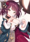  1girl atelier_(series) atelier_sophie_2 blue_coat blurry blurry_background breasts brown_eyes cisyo cleavage closed_mouth clothes_pull coat collared_coat commentary_request commission dress dress_pull flashing flower hair_flower hair_ornament hands_up heart highres index_finger_raised jewelry large_breasts long_sleeves looking_at_viewer necklace open_clothes open_coat paid_reward_available red_dress red_hair short_hair skeb_commission smile solo sophie_neuenmuller 