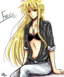  alternate_costume bad_id bad_pixiv_id black_bra blonde_hair bra denim fate_testarossa jeans lingerie long_hair lyrical_nanoha mahou_shoujo_lyrical_nanoha pants red_eyes solo underwear yuuyu_(777) 