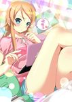  blue_eyes breasts casual computer doll kousaka_kirino laptop legs long_hair nomura_teruya orange_hair ore_no_imouto_ga_konna_ni_kawaii_wake_ga_nai shorts solo stuffed_toy thighs 