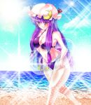  bad_anatomy bad_id bad_pixiv_id beach bikini day hat highres innertube long_hair patchouli_knowledge purple_eyes purple_hair solo sousakubito swimsuit touhou 
