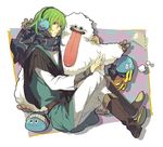  brown_eyes crossed_legs dragon_quest dragon_quest_iv earmuffs ebira green_hair hero_(dq4) hoimi_slime plaid plaid_scarf scarf short_hair sitting slime_(dragon_quest) tongue v 