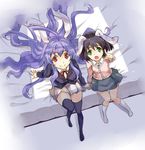  animal_ears black_hair blazer blue_door bunny_ears from_above green_eyes inaba_tewi jacket long_hair multiple_girls pointing purple_hair red_eyes reisen_udongein_inaba short_hair skirt thighhighs touhou zettai_ryouiki 