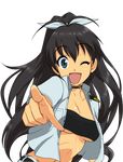  :d antenna_hair black_hair blue_eyes bow breasts choker cleavage foreshortening ganaha_hibiki hair_bow idolmaster idolmaster_(classic) long_hair medium_breasts one_eye_closed open_clothes open_mouth open_shirt pengo_(pengomk2) pointing ponytail shirt simple_background smile solo strapless tubetop underboob 
