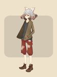  alternate_costume alternate_hairstyle bad_id bad_pixiv_id contemporary fujiwara_no_mokou hair_ribbon hands_in_pockets moku_koku ribbon shoes short_hair shorts solo touhou 