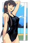  black_hair brown_eyes long_hair lowres one-piece_swimsuit original pixel_art ponytail punpun school_swimsuit solo swimsuit 