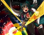  arm_cannon black_hair bow breasts cape hair_bow large_breasts long_hair notsuru red_eyes reiuji_utsuho solo thighhighs third_eye touhou weapon wings 