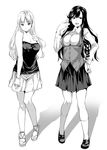  bracelet breasts cleavage greyscale halterneck hand_on_hip highres jewelry kneehighs large_breasts legs loafers long_hair monochrome multiple_girls original sandals shadow shoes skirt socks standing thighs tosh_(imonade_ryouchou) 