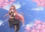  bad_id bad_pixiv_id blue_eyes boots cherry_blossoms from_above headphones iroha_(unyun) long_hair megurine_luka petals pink_hair reflection ripples skirt smile solo thighhighs very_long_hair vocaloid water 