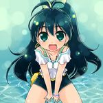  :d black_hair blue_eyes bracelet casual earrings fang ganaha_hibiki hoop_earrings idolmaster idolmaster_(classic) jewelry kingyo long_hair necklace open_mouth ponytail smile solo v_arms 