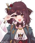 1girl :d atelier_(series) atelier_sophie_2 breasts brown_eyes brown_hair cleavage commentary_request detached_collar flower hair_flower hair_ornament hand_up haruna_(citrus_love_i) highres jewelry long_sleeves looking_at_viewer necklace open_mouth red_flower red_rose rose short_hair simple_background smile solo sophie_neuenmuller twitter_username upper_body v v_over_eye white_background 