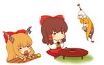  chibi covering_mouth fan gap hakurei_reimu hat ibuki_suika lowres multiple_girls o_o rei_(tonbo0430) sitting table touhou yakumo_yukari 