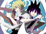  2boys back-to-back black_hair black_necktie black_pants blonde_hair blue_background collared_shirt compass_(instrument) cowboy_shot cowlick foyfoy hair_between_eyes hand_up happy holding holding_weapon log_80000 looking_at_viewer male_focus multicolored_background multiple_boys necktie open_mouth oversized_object pants ross_(senyuu) sen&#039;yuu. set_square shirt short_hair short_sleeves smear_frame spiked_hair weapon white_background white_shirt wing_collar yellow_eyes 