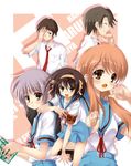  3girls armband asahina_mikuru book brown_eyes brown_hair cameo danzero grey_hair hatsune_miku kita_high_school_uniform koizumi_itsuki kyon long_hair multiple_boys multiple_girls nagato_yuki school_uniform serafuku short_hair suzumiya_haruhi suzumiya_haruhi_no_yuuutsu vocaloid 