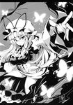  bug butterfly gap gloves greyscale hands hat highres insect light_smile long_hair monochrome non-web_source outstretched_arm outstretched_hand ribbon solo touhou touya_(the-moon) yakumo_yukari 