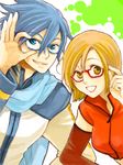  1girl adjusting_eyewear bespectacled blue-framed_eyewear blue_scarf couple glasses hetero kaito meiko meikousei oekaki red-framed_eyewear scarf short_hair tegaki vocaloid 